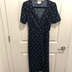 Blue polka dot wrap dress